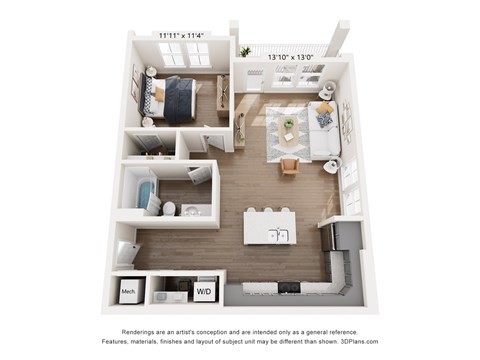 Floor plan for 1 bed, 1 bath, 793 sqft